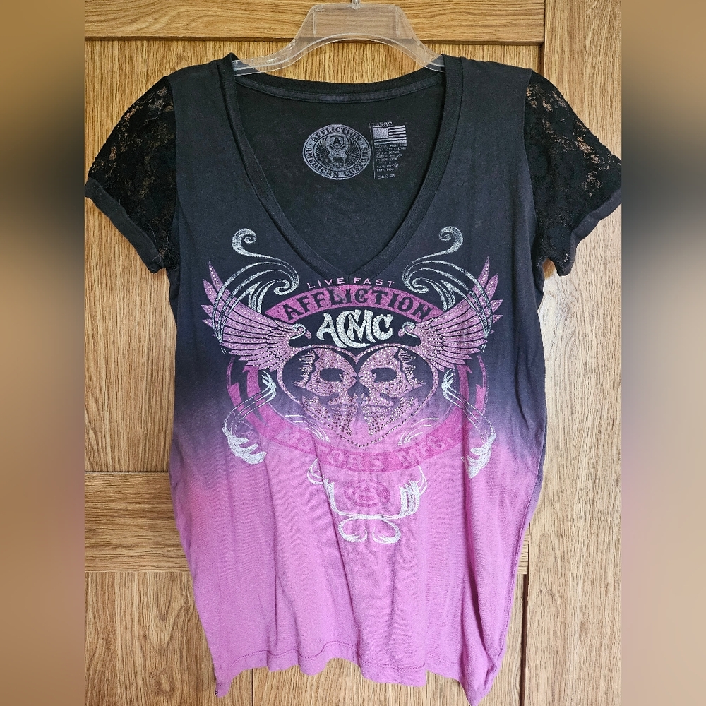 Affliction black and pink ombre tee with lace sleeves